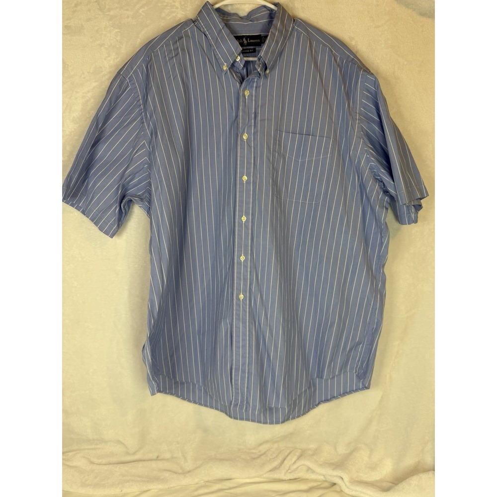 Ralph Lauren Classic Fit XXL Blue Stripe Button Shirt Short Sleeve Cotton